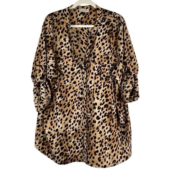 Calvin Klein Animal Print Cheetah V-neck Blouse - Picture 1 of 13